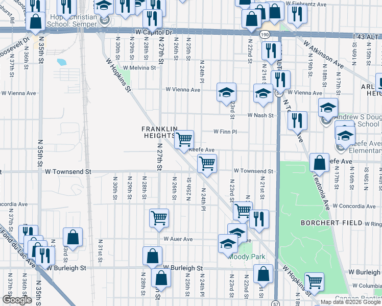 map of restaurants, bars, coffee shops, grocery stores, and more near 3521 North 25th Street in Milwaukee