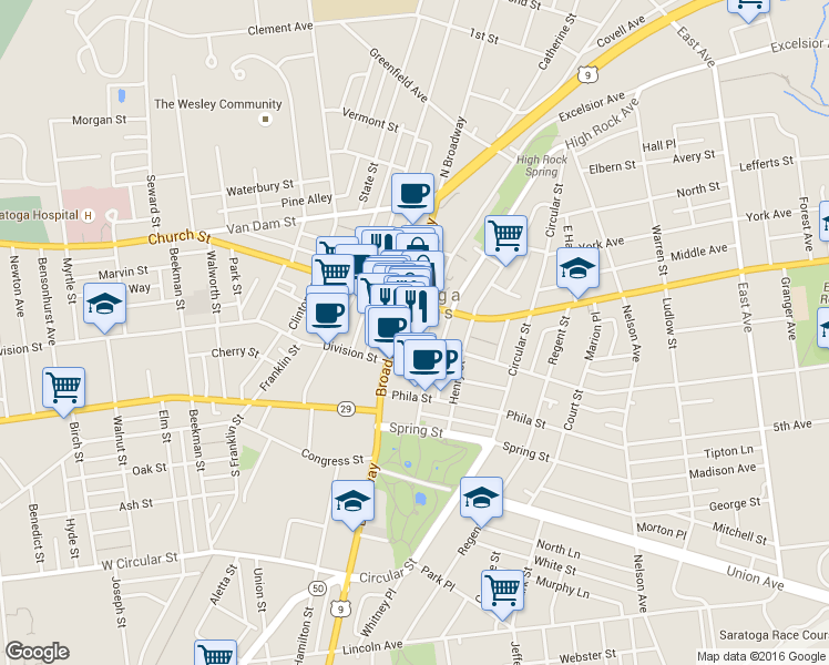 map of restaurants, bars, coffee shops, grocery stores, and more near in Saratoga Springs