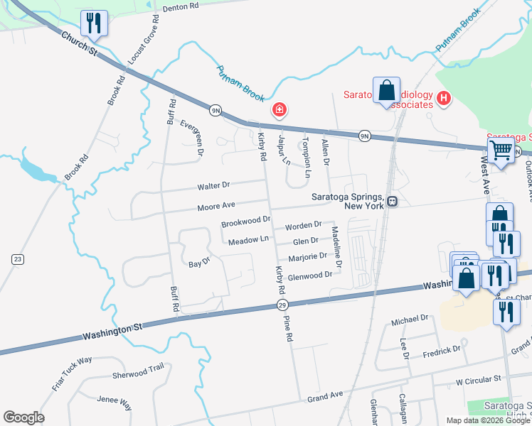 map of restaurants, bars, coffee shops, grocery stores, and more near 21 Kirby Road in Saratoga Springs