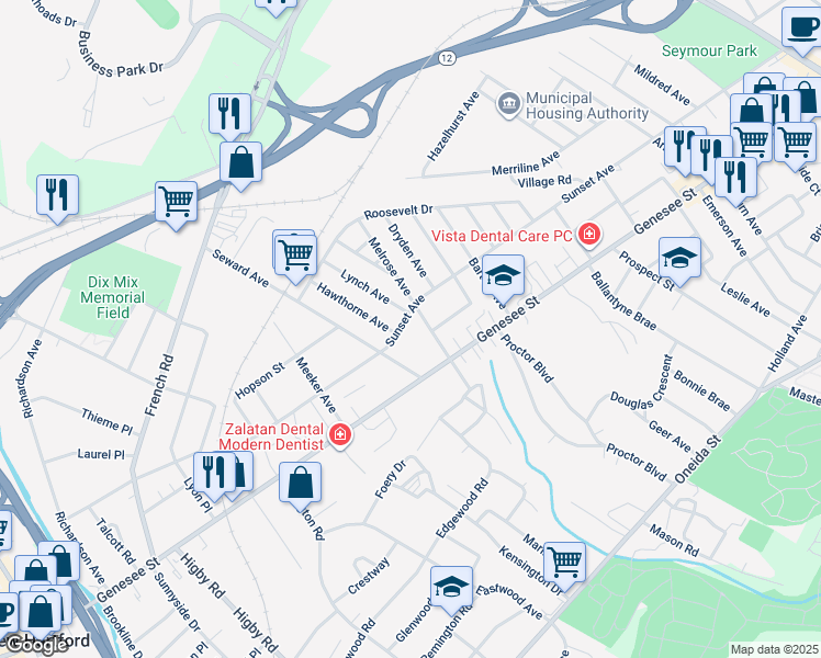 map of restaurants, bars, coffee shops, grocery stores, and more near 18 Melrose Avenue in Utica