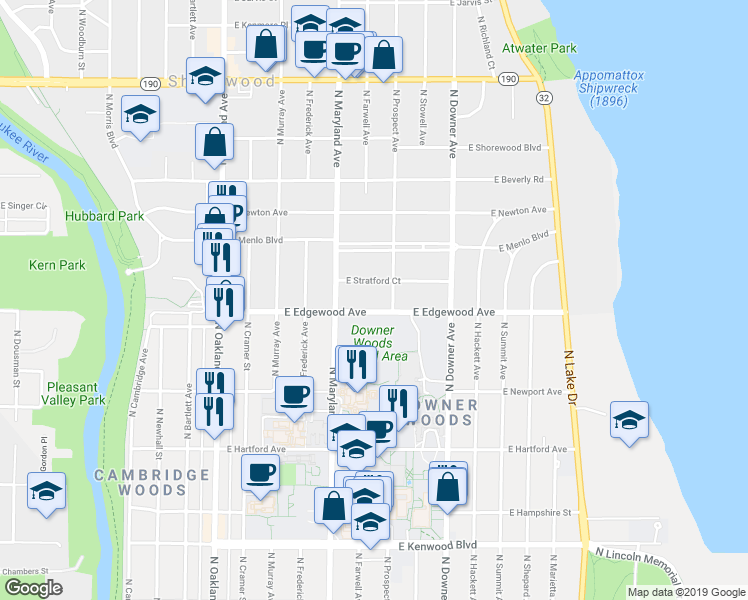 map of restaurants, bars, coffee shops, grocery stores, and more near 2320 East Stratford Court in Shorewood