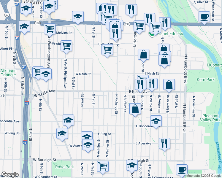 map of restaurants, bars, coffee shops, grocery stores, and more near 3530 North Palmer Street in Milwaukee