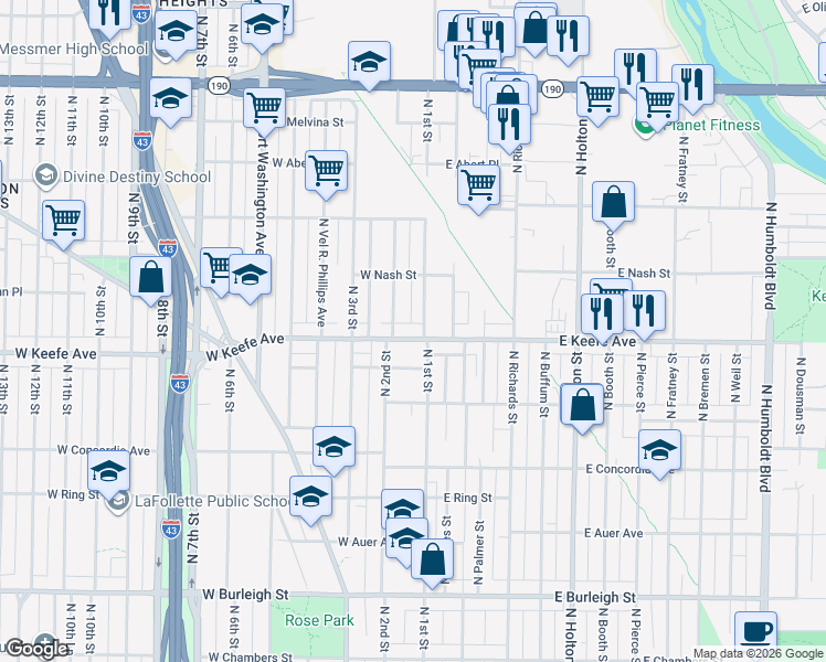map of restaurants, bars, coffee shops, grocery stores, and more near 3542 North 2nd Street in Milwaukee