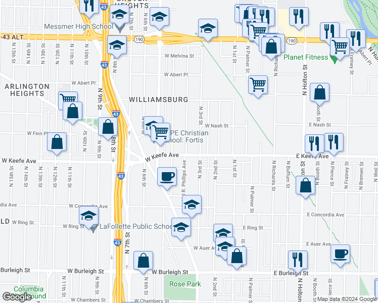 map of restaurants, bars, coffee shops, grocery stores, and more near 3534 Vel R. Phillips Avenue in Milwaukee