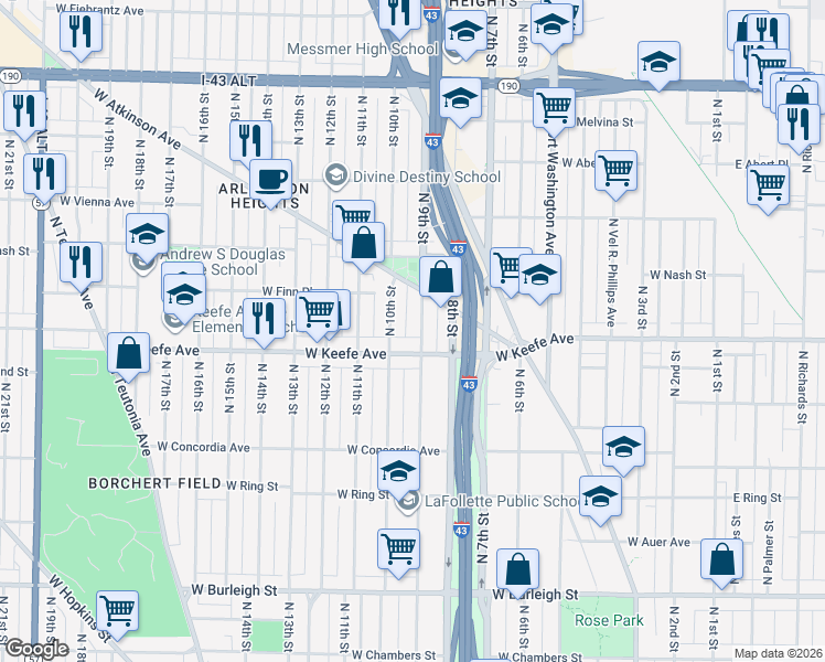 map of restaurants, bars, coffee shops, grocery stores, and more near 3559 North 9th Street in Milwaukee