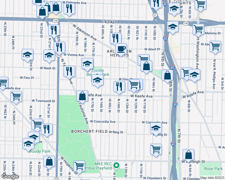 map of restaurants, bars, coffee shops, grocery stores, and more near 3557 North 15th Street in Milwaukee