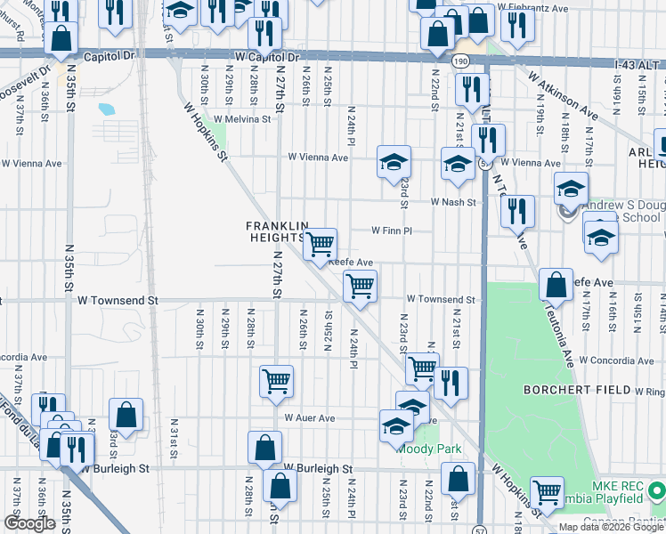 map of restaurants, bars, coffee shops, grocery stores, and more near 3521 North 25th Street in Milwaukee