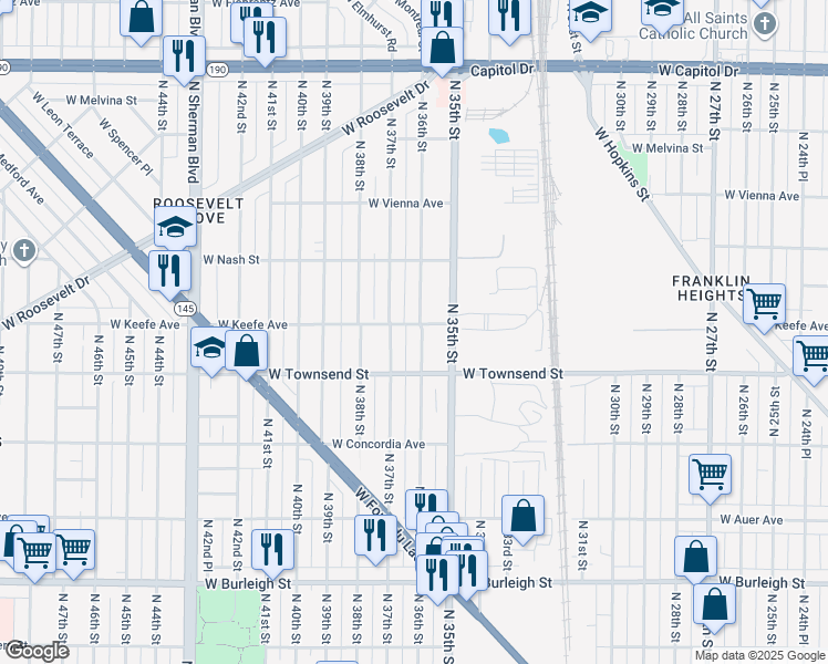 map of restaurants, bars, coffee shops, grocery stores, and more near 3529 North 36th Street in Milwaukee