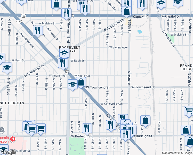 map of restaurants, bars, coffee shops, grocery stores, and more near 3518 North 40th Street in Milwaukee