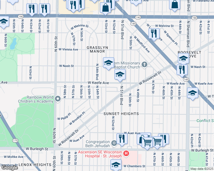 map of restaurants, bars, coffee shops, grocery stores, and more near 3503 North 53rd Street in Milwaukee