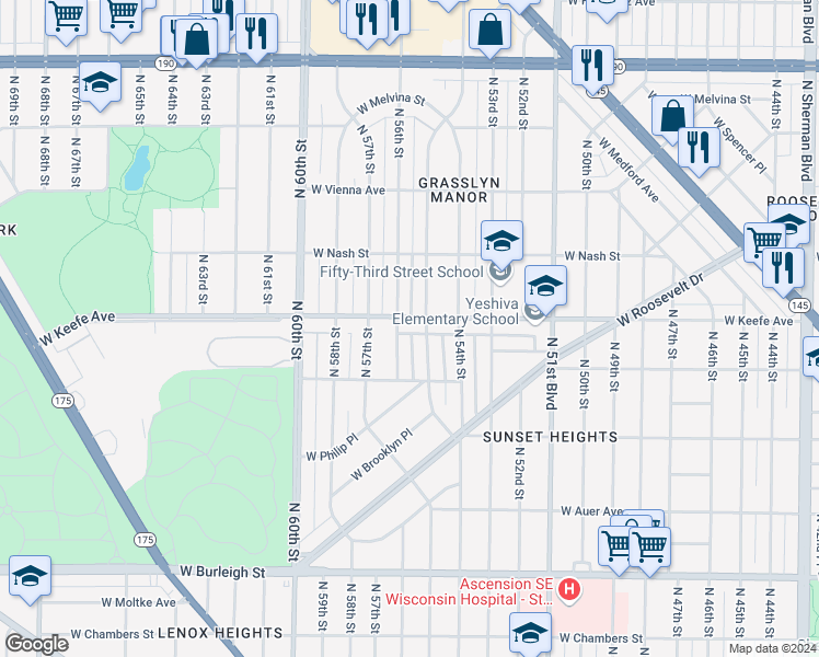map of restaurants, bars, coffee shops, grocery stores, and more near 3509 North 55th Street in Milwaukee