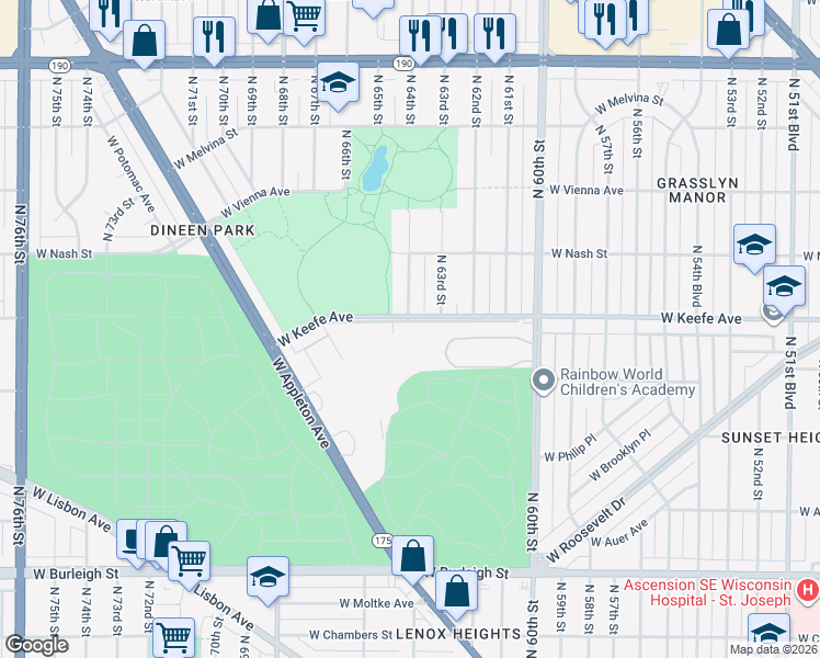 map of restaurants, bars, coffee shops, grocery stores, and more near 3509 North 63rd Street in Milwaukee