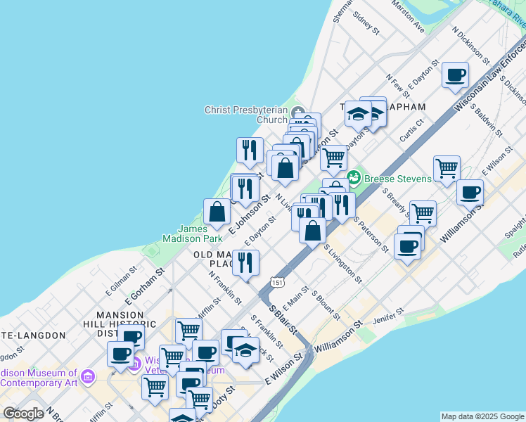 map of restaurants, bars, coffee shops, grocery stores, and more near 736 East Johnson Street in Madison