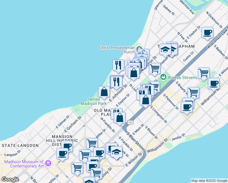 map of restaurants, bars, coffee shops, grocery stores, and more near 702 East Gorham Street in Madison