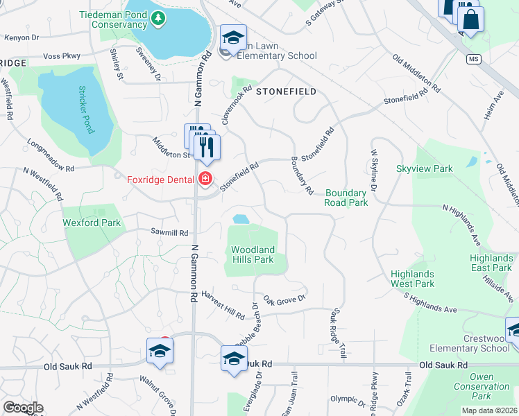 map of restaurants, bars, coffee shops, grocery stores, and more near 1107 Stonefield Circle in Middleton