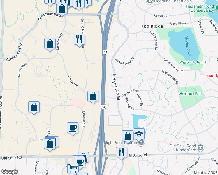 map of restaurants, bars, coffee shops, grocery stores, and more near 1130 North High Point Road in Madison