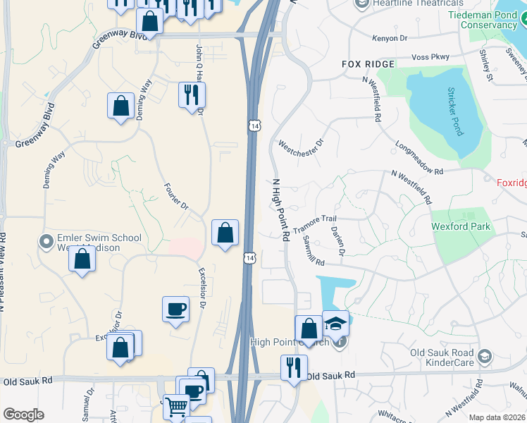 map of restaurants, bars, coffee shops, grocery stores, and more near 1130 North High Point Road in Madison