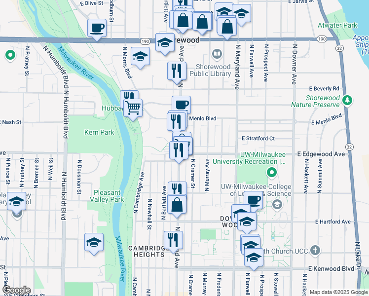 map of restaurants, bars, coffee shops, grocery stores, and more near 3533 North Cramer Street in Shorewood