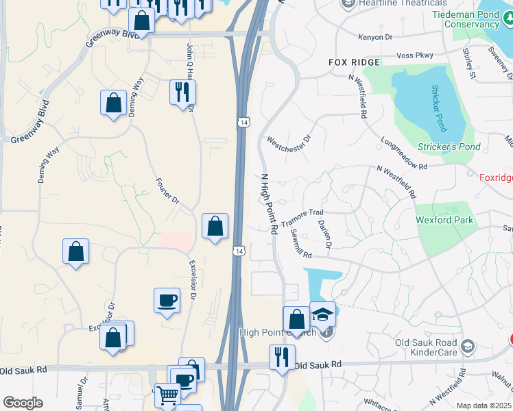 map of restaurants, bars, coffee shops, grocery stores, and more near 1102 North High Point Road in Madison