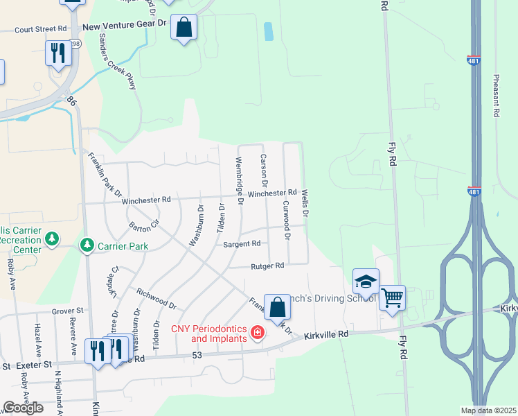 map of restaurants, bars, coffee shops, grocery stores, and more near 6443 Winchester Road in East Syracuse