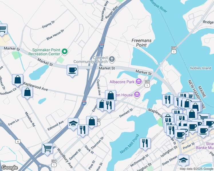 map of restaurants, bars, coffee shops, grocery stores, and more near 165 Cutts Street in Portsmouth