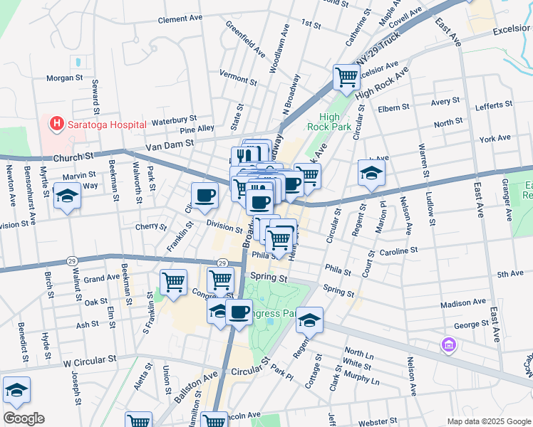 map of restaurants, bars, coffee shops, grocery stores, and more near in Saratoga Springs