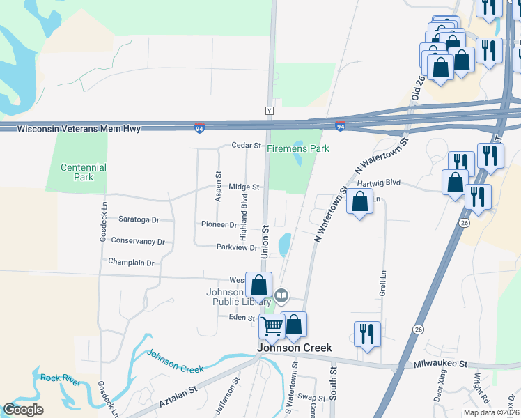 map of restaurants, bars, coffee shops, grocery stores, and more near 416 County Road Y in Johnson Creek