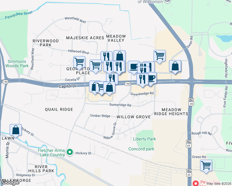 map of restaurants, bars, coffee shops, grocery stores, and more near 1186-1228 Capitol Dr in Pewaukee
