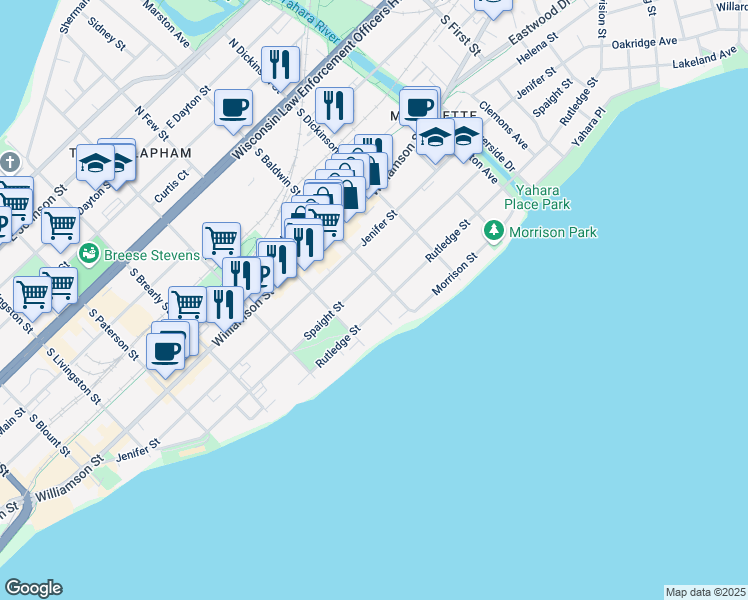 map of restaurants, bars, coffee shops, grocery stores, and more near 1257 Spaight Street in Madison