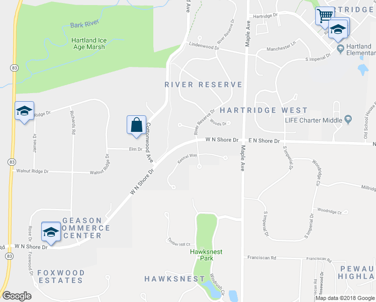 map of restaurants, bars, coffee shops, grocery stores, and more near 124 Kestrel Way in Hartland