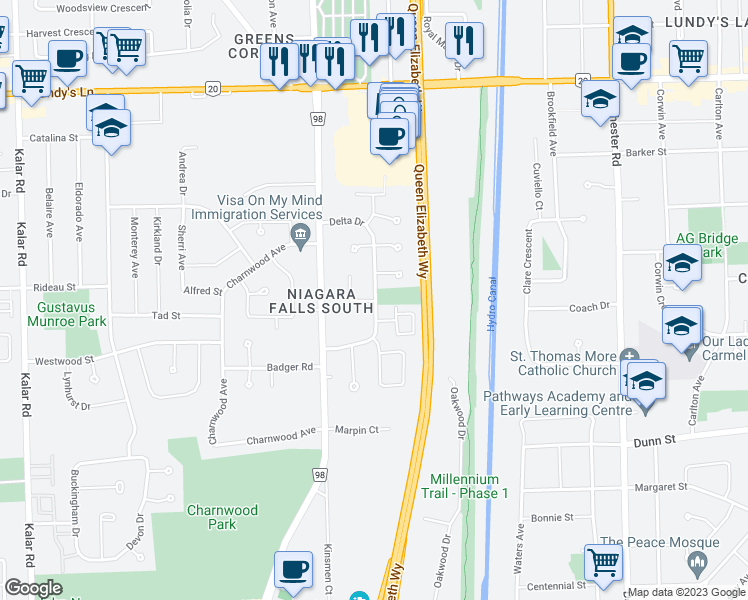 map of restaurants, bars, coffee shops, grocery stores, and more near 6331 Graham Street in Niagara Falls