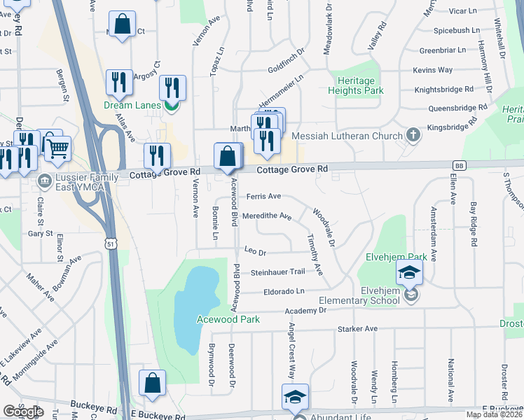 map of restaurants, bars, coffee shops, grocery stores, and more near 4709 Ferris Avenue in Madison