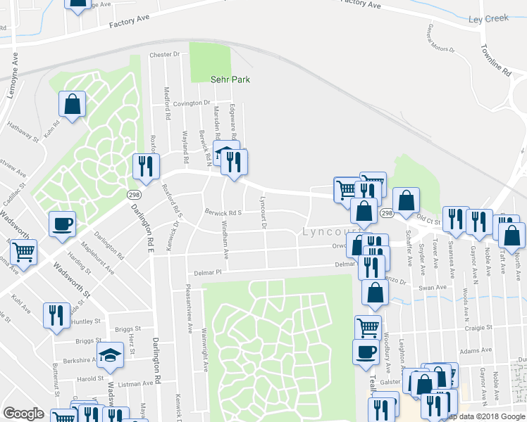 map of restaurants, bars, coffee shops, grocery stores, and more near Berwick Road South in Lyncourt