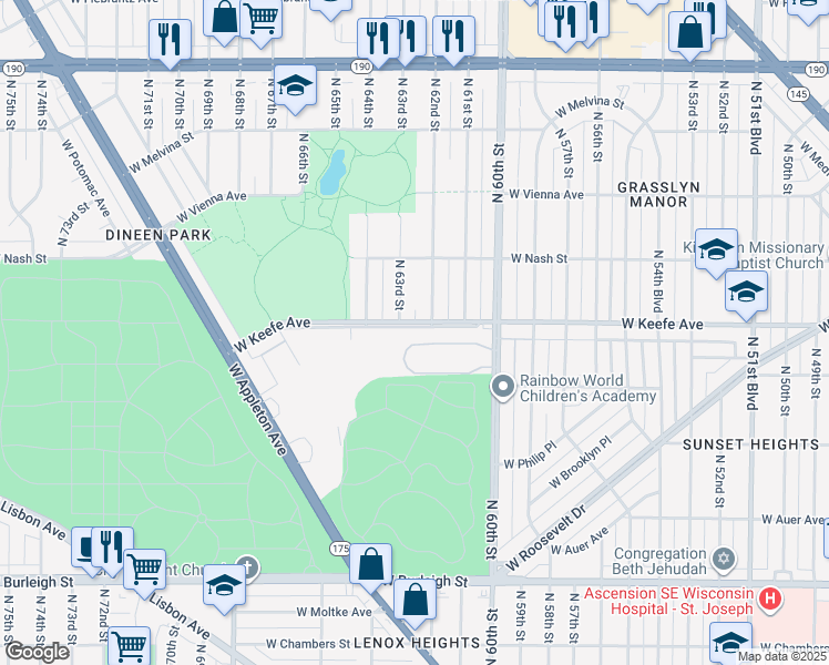 map of restaurants, bars, coffee shops, grocery stores, and more near 3511 North 62nd Street in Milwaukee