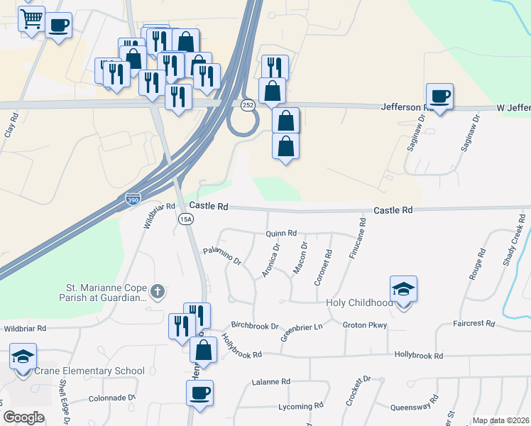map of restaurants, bars, coffee shops, grocery stores, and more near 102 Castle Road in Rochester