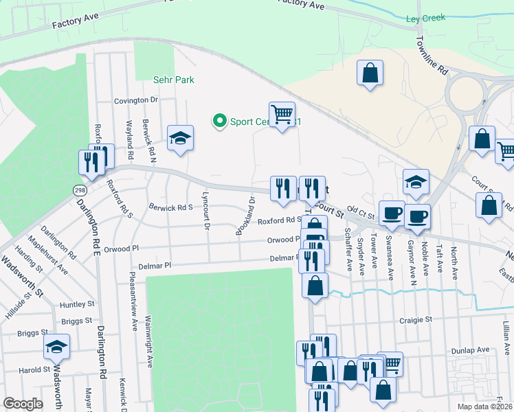 map of restaurants, bars, coffee shops, grocery stores, and more near 3002 Court Street in Syracuse