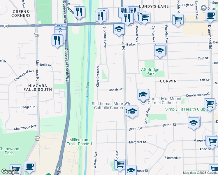 map of restaurants, bars, coffee shops, grocery stores, and more near 7071 Brookfield Avenue in Niagara Falls