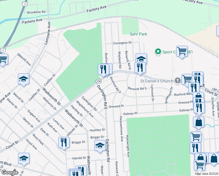 map of restaurants, bars, coffee shops, grocery stores, and more near 107 Roxford Road South in Syracuse