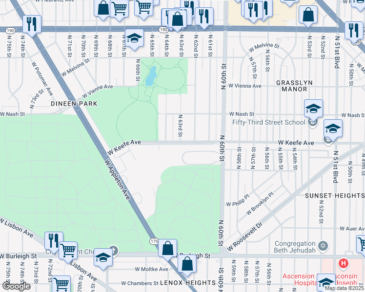 map of restaurants, bars, coffee shops, grocery stores, and more near 6229 West Keefe Avenue Parkway in Milwaukee