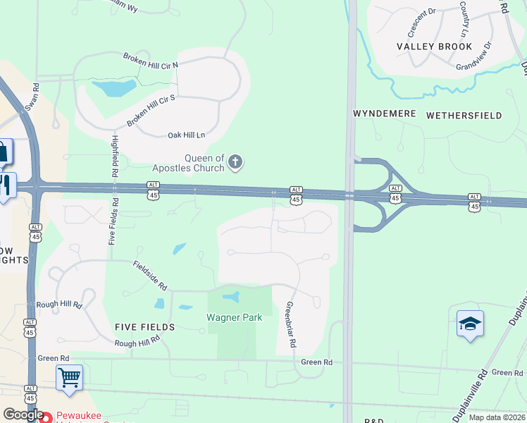 map of restaurants, bars, coffee shops, grocery stores, and more near W232N3471 Hunters Ridge Road in Pewaukee