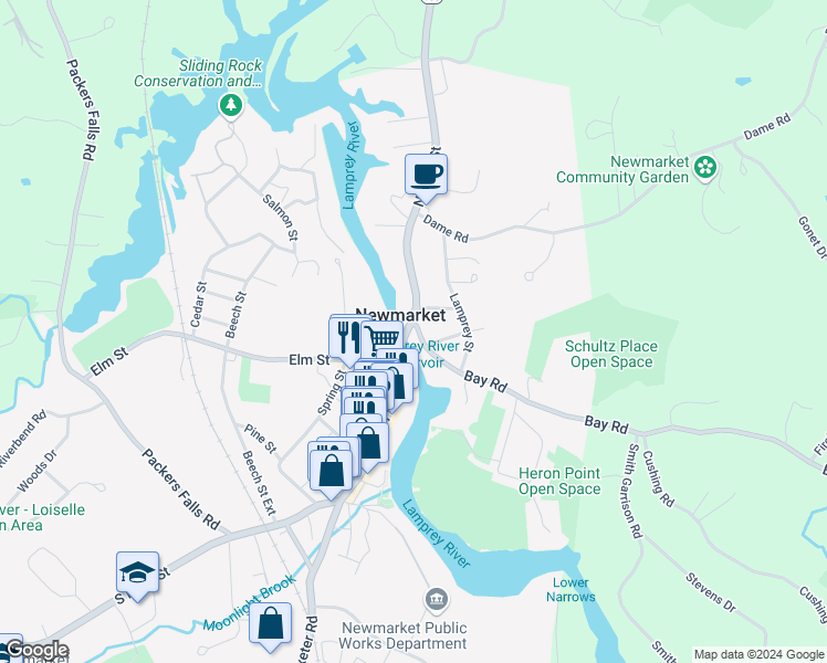 map of restaurants, bars, coffee shops, grocery stores, and more near in Newmarket