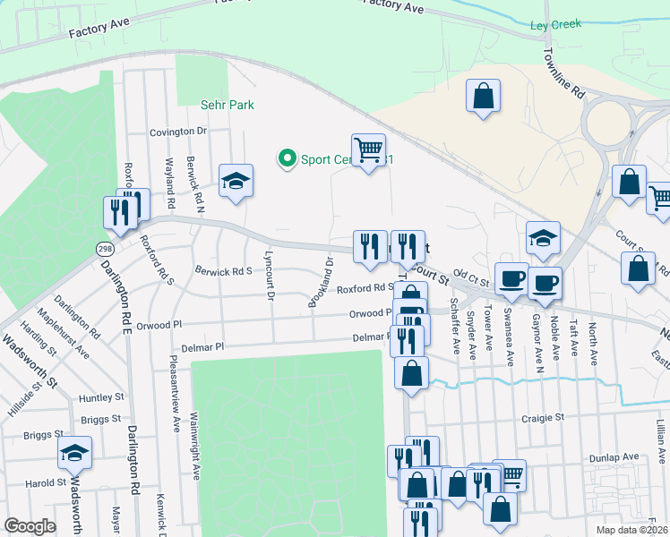map of restaurants, bars, coffee shops, grocery stores, and more near 3002 Court Street in Syracuse