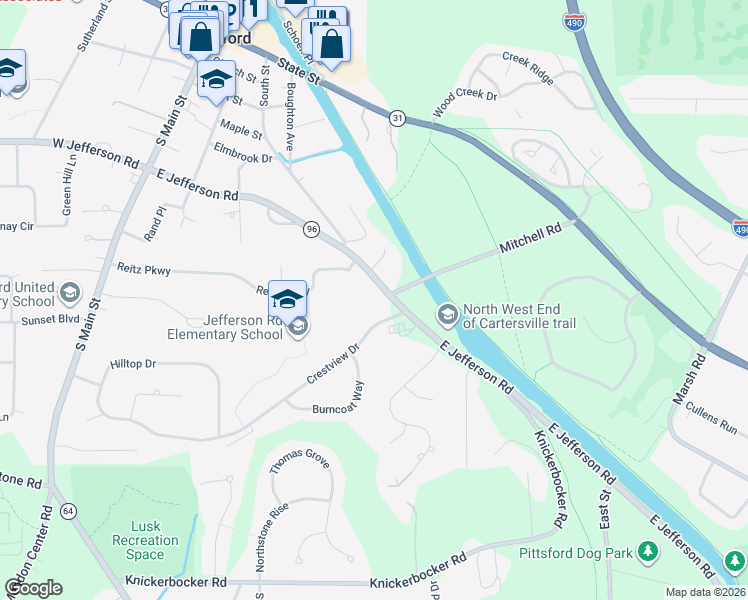map of restaurants, bars, coffee shops, grocery stores, and more near 80 East Jefferson Road in Pittsford