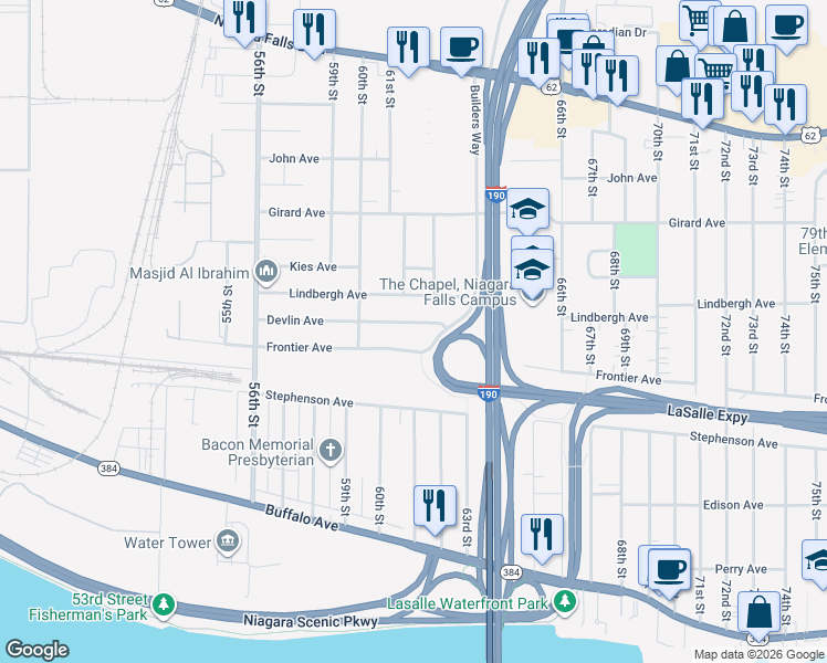 map of restaurants, bars, coffee shops, grocery stores, and more near 6032 Devlin Avenue in Niagara Falls