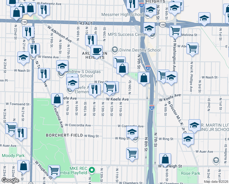 map of restaurants, bars, coffee shops, grocery stores, and more near 3556 North 12th Street in Milwaukee