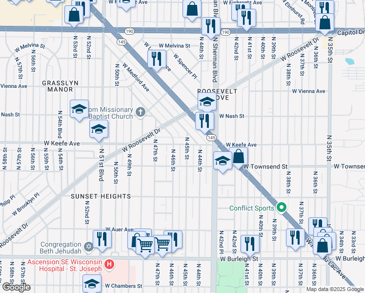 map of restaurants, bars, coffee shops, grocery stores, and more near 4622 West Scranton Place in Milwaukee