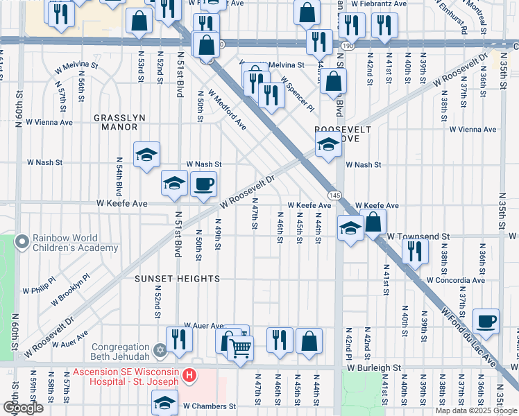 map of restaurants, bars, coffee shops, grocery stores, and more near 4634 West Keefe Avenue in Milwaukee