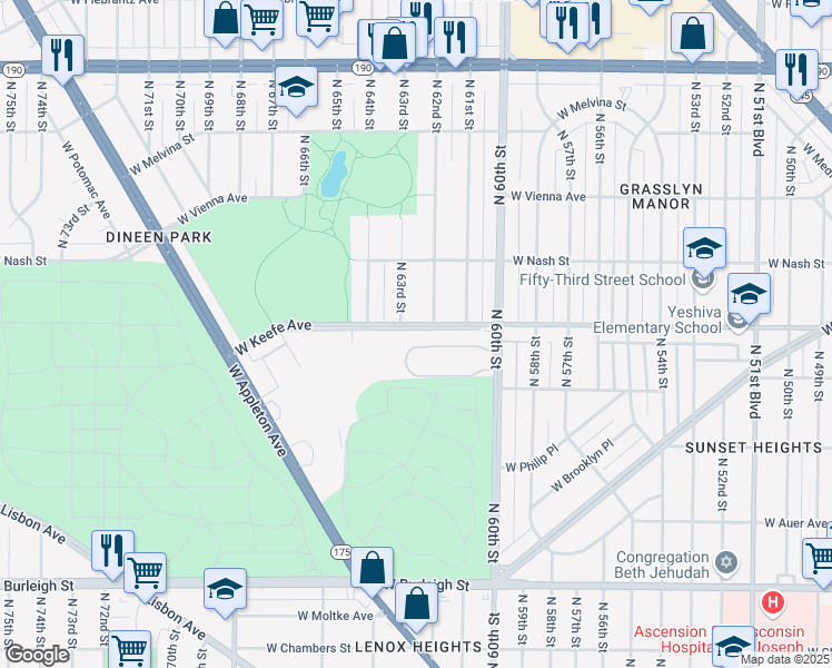 map of restaurants, bars, coffee shops, grocery stores, and more near 3511 North 62nd Street in Milwaukee