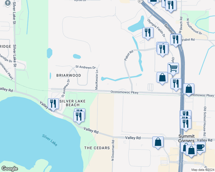 map of restaurants, bars, coffee shops, grocery stores, and more near 904 Oconomowoc Parkway in Oconomowoc