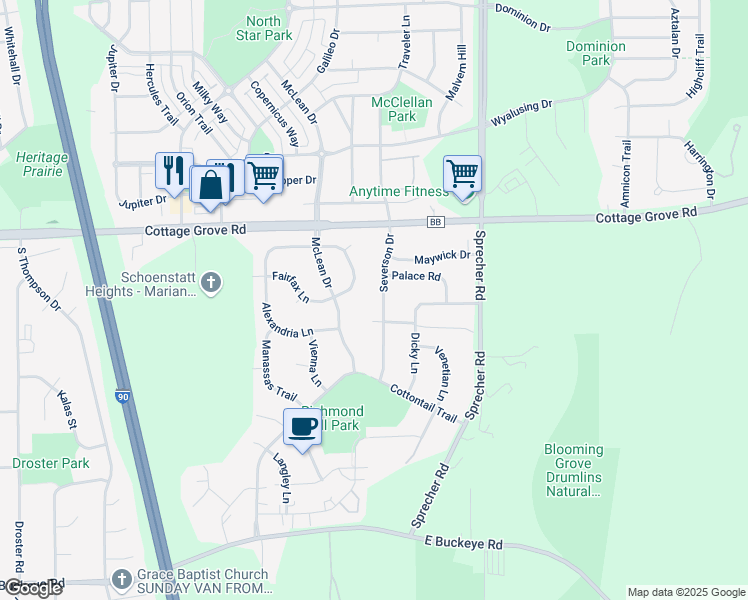 map of restaurants, bars, coffee shops, grocery stores, and more near 4325 Severson Drive in Madison